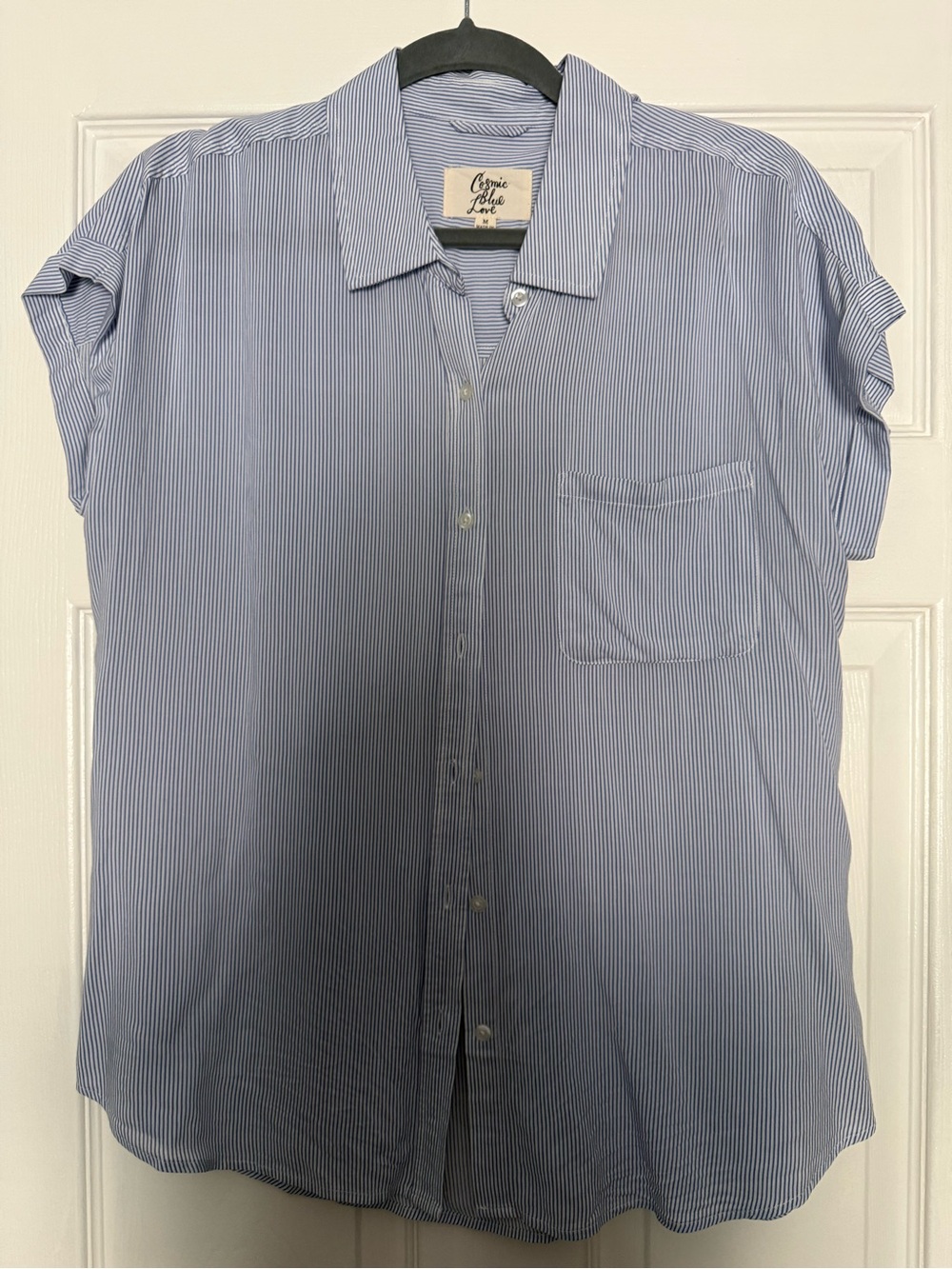 Cosmic Blue Love Blue and White Pin Striped Button-Down Shirt- Mediim